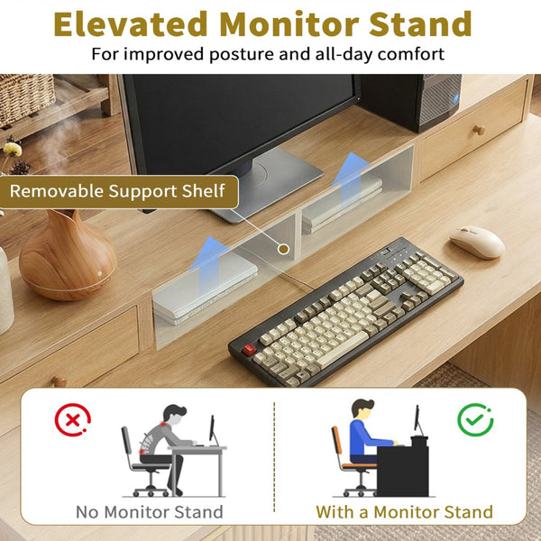 English Elm 59" Fluted Oak L-shaped Corner Desk with Charging Station Monitor Stand and File Storage Light Oak W2917S00005