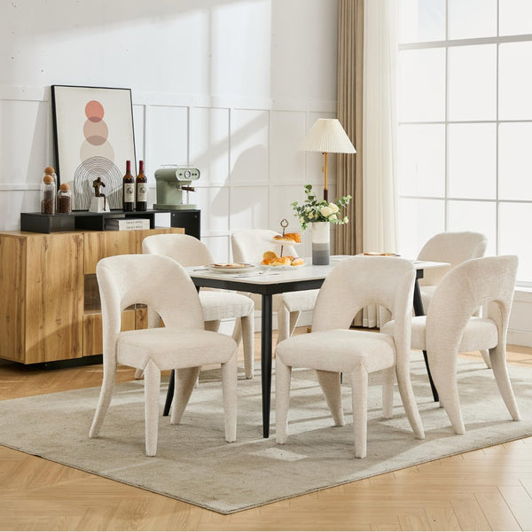 English Elm Beige Chenille Dining Chair Set of 2 with Sculptural Open Back and Iron Frame W3615P500490