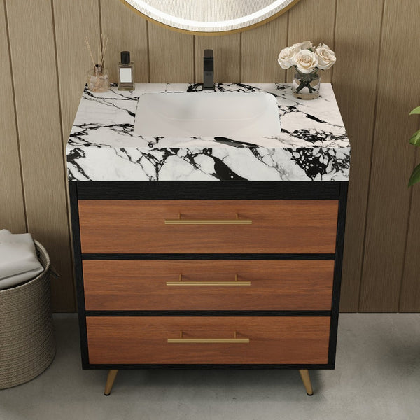 English Elm Modern Freestanding Vanity with Sintered Stone Top Ceramic Sink and Gold Steel Legs W3136S00054