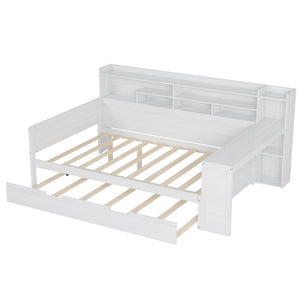 English Elm Wooden Full Size Daybed with Trundle and Built-In Desk, Side Storage Shelves for Space-Saving Rooms Antique White 70 L x 18.6 W x 5.5 H N733S242277K