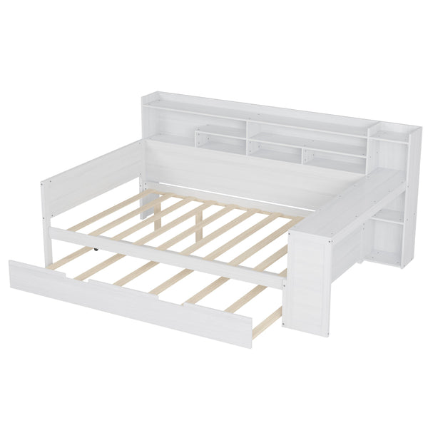 English Elm Wooden Full Size Daybed with Trundle and Built-In Desk, Side Storage Shelves for Space-Saving Rooms Antique White 70 L x 18.6 W x 5.5 H N733S242277K
