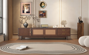 English Elm Mid Century Modern TV Stand with Rattan Sliding Doors, Solid Wood Legs, Drawers & Waterproof Top N710P257617P