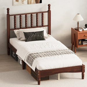 English Elm Twin Rubberwood Platform Bed Gourd Headboard Retro Bohemian Bedroom Slat Base Walnut N733P427029D