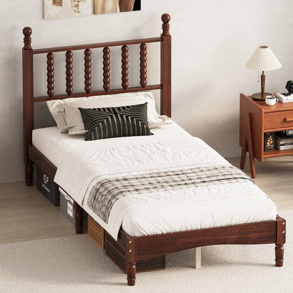 English Elm Twin Rubberwood Platform Bed Gourd Headboard Retro Bohemian Bedroom Slat Base Walnut N733P427029D