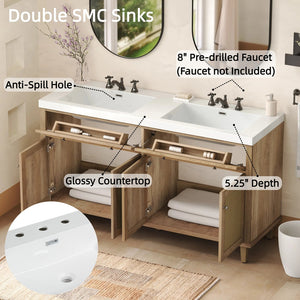 English Elm Christopher Knight Home® - 60 Inch Bathroom Vanity with Double Sinks SMC, Rattan Doors, Soft-Close Drawers, Stable Pine Legs Wood N817P296140N