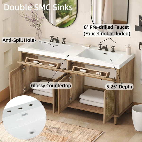 English Elm Christopher Knight Home® - 60 Inch Bathroom Vanity with Double Sinks SMC, Rattan Doors, Soft-Close Drawers, Stable Pine Legs Wood N817P296140N