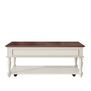 English Elm Farmhouse Retro Coffee Table with Lockable Wheels, One Drawer & Lower Shelf, Solid Wood Legs, Durable Finish White+Walnut N721P307935D