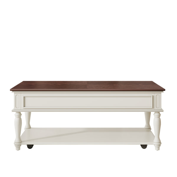 English Elm Farmhouse Retro Coffee Table with Lockable Wheels, One Drawer & Lower Shelf, Solid Wood Legs, Durable Finish White+Walnut N721P307935D