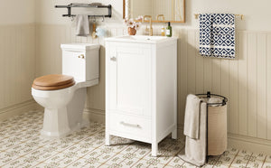 English Elm 18-Inch Modern Bathroom Vanity with Ceramic Sink, Soft-Close Doors, Divider Drawer & Adjusting Feet White N729P334854K