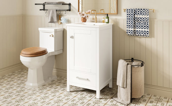 English Elm 18-Inch Modern Bathroom Vanity with Ceramic Sink, Soft-Close Doors, Divider Drawer & Adjusting Feet White N729P334854K