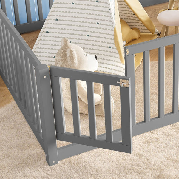 English Elm Queen Kids Floor Bed Pine Wood Frame with Safety Rails Door and Low Profile Design Gray W1580P418053
