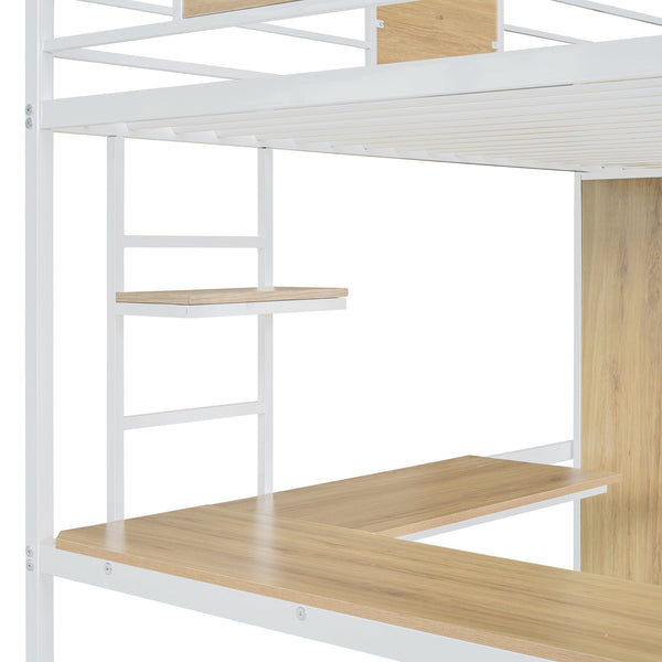 English Elm Twin Loft Bed with L-Shaped Desk and Wardrobe — Space-Saving Iron & Wood Design for Study & Storage White SF000168AAK