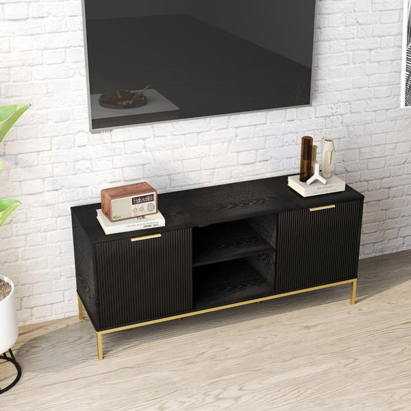 English Elm Modern Wave Door Media Console with Gold Legs Soft Close Hinges and Open Shelf W3151P407896
