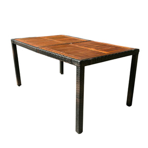 English Elm 7 piece Outdoor Patio Wicker Dining Set with Acacia Wood Table Brown Rattan Cream Cushions, Durable Elegance W329S00053