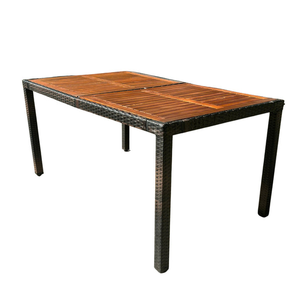 English Elm 7 piece Outdoor Patio Wicker Dining Set with Acacia Wood Table Brown Rattan Cream Cushions, Durable Elegance W329S00053