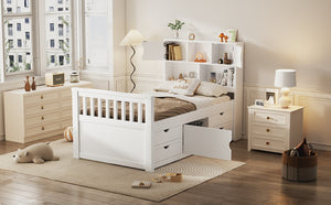 English Elm Twin Captain Platform Bed with Bookcase Headboard Four Drawers Pine Mdf Frame White GX001828AAK-1