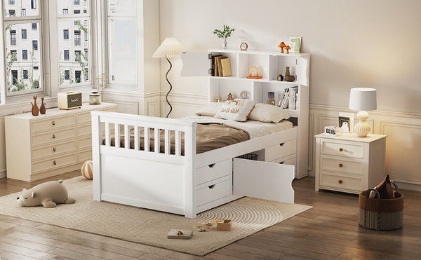 English Elm Twin Captain Platform Bed with Bookcase Headboard Four Drawers Pine Mdf Frame White GX001828AAK-1