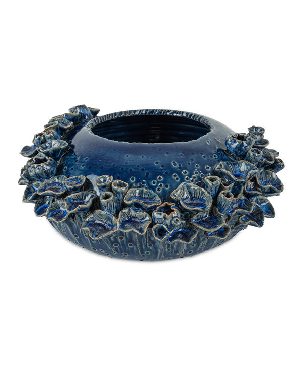 Currey & Company Sunken Blue Bowl: Exquisite Dark Clay Ceramic Artistry With Unique Sea Life Designs & Glaze Depth Blue Ceramic 1200-1047-currey-company