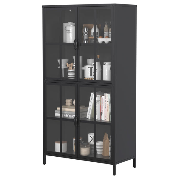 English Elm Premium Black Metal Storage Cabinet with Tempered Glass, Adjustable Shelves, Anti-Tip Safety & Silent Close T2398P263577