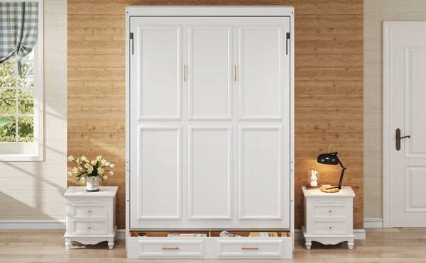 English Elm Full Murphy Bed with Storage Cabinets and Shelves, Space-Saving Wooden Wall Bed with 600lb Capacity Beige N7090004012A