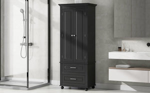 English Elm Tall Slim Storage Cabinet with Adjustable Shelves, 2 Drawers & Doors, Anti-Tip Design for Bathroom Black WF299284AAB