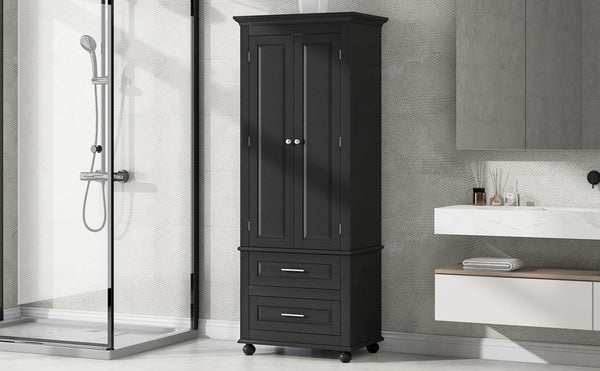 English Elm Tall Slim Storage Cabinet with Adjustable Shelves, 2 Drawers & Doors, Anti-Tip Design for Bathroom Black WF299284AAB
