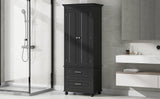 English Elm Tall Storage Cabinet With Two Drawers For Bathroom/Office, Black