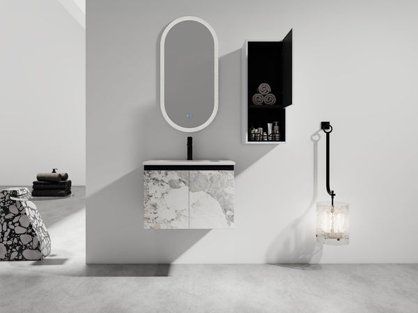 English Elm 24" Wall-Mounted Bathroom Vanity Set With Soft Close Doors, Ceramic Sink, And Side Cabinet Storage W999S00330