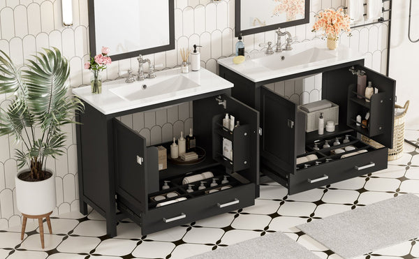 English Elm 72" Black Bathroom Vanity Set with Double Ceramic Sinks, Soft-Close Doors, Divided Drawer, Ample Storage and Solid Wood Frame for Durable Modern Style N729P000006B
