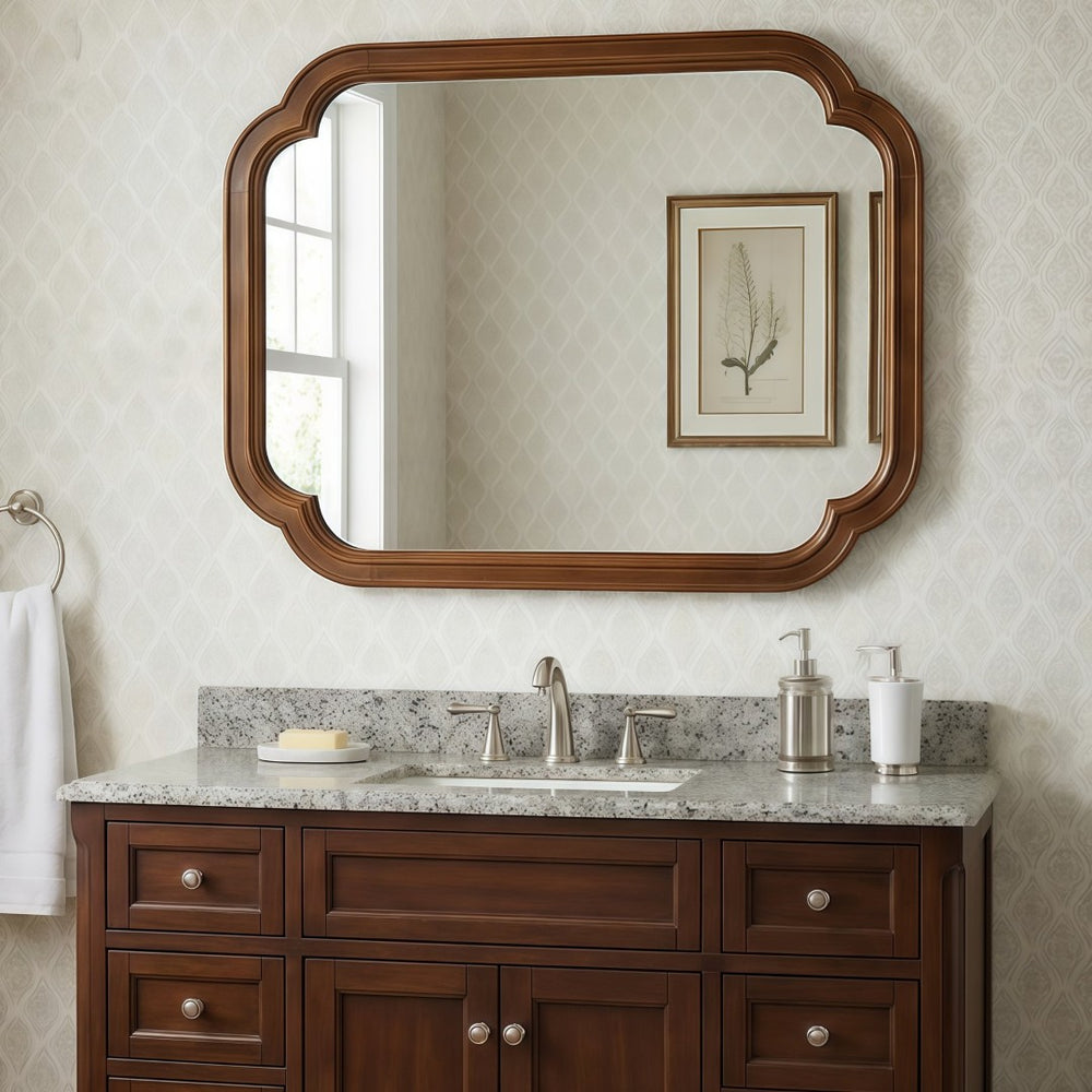 English Elm Black Walnut Solid Wood Frame Mirror with Rounded Corners for Bedroom or Entryway W2203P455260