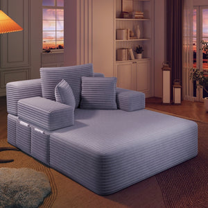 English Elm Luxurious Corduroy Frameless Chaise Sofa Bed with Spring Cushion and Storage Pocket Purple W3219P496264