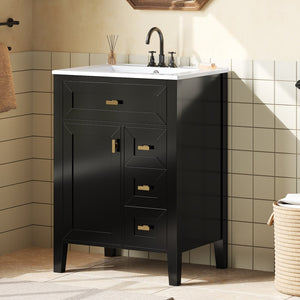 English Elm "24'' 24 Inch Glossy Freestanding Bathroom Vanity with Gold Hardware and Soft Close Storage Black Rubberwood N725P448529B