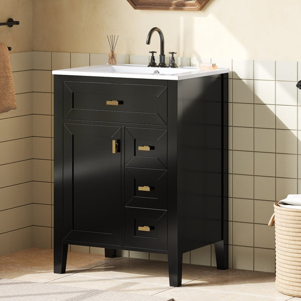 English Elm "24'' 24 Inch Glossy Freestanding Bathroom Vanity with Gold Hardware and Soft Close Storage Black Rubberwood N725P448529B