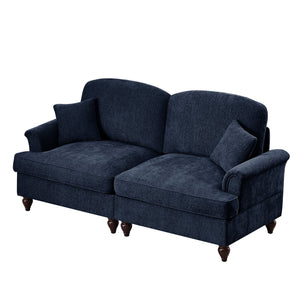 English Elm Elegant Mid Century Two-Seater Sofa Couch With Removable Ruffles, Chenille, Blue Upholstery & Spindle Legs W3041S00252
