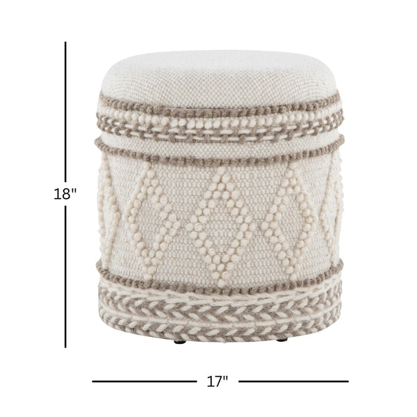English Elm 18" Handwoven Wool Storage Ottoman Tufted Knotted Lid Bohemian Living Room Seat B202P471519