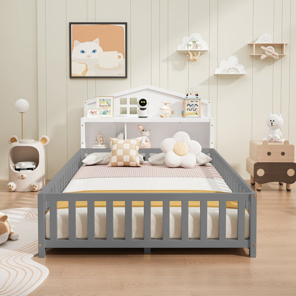 English Elm Headboard Storage Cabinet for Full-Size Montessori Floor Bed with Built-In Shelves and Easy Mounting White 56.3 L x 17.32 W x 5.31 H W1716P181577