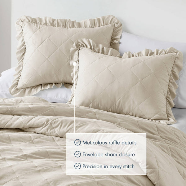 English Elm 3-piece Diamond Quilted King Comforter Set with Ruffled Edges and Prewashed Softness B035P463225