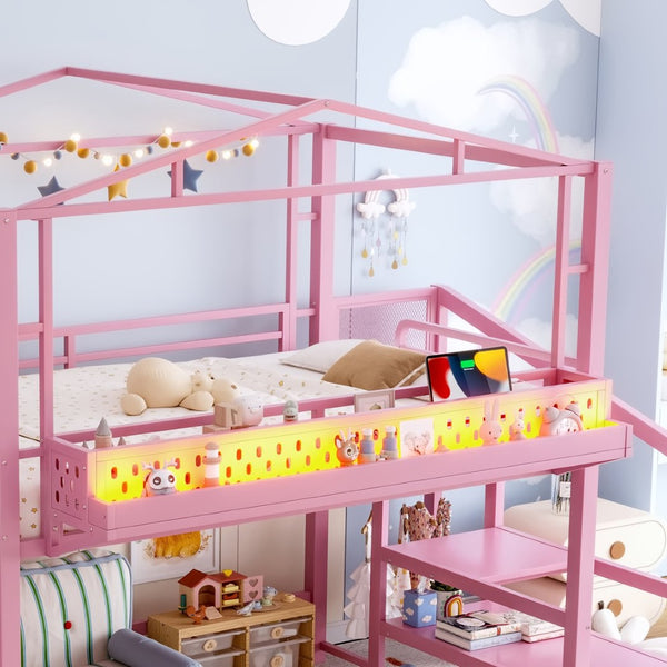 English Elm Twin Metal Loft Bed with Built-in Wardrobe Storage Stairs Led Lights and Usb Ports W5316S00048
