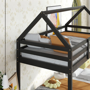 English Elm Twin Rubber Wood Floor Bunk Bed House-Shaped Design with Ladder Guardrails Sturdy Low-Profile Retreat Black W504P206865