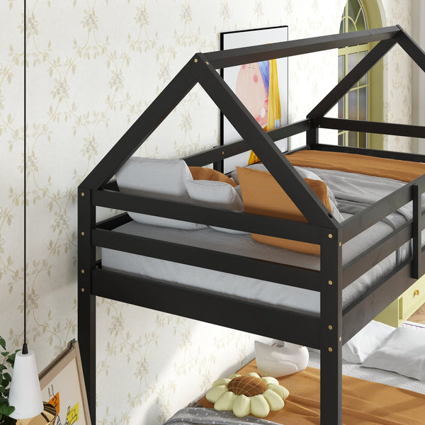 English Elm Twin Rubber Wood Floor Bunk Bed House-Shaped Design with Ladder Guardrails Sturdy Low-Profile Retreat Black W504P206865