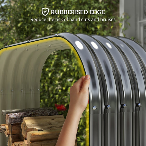 English Elm Wood Shed Galvanized Steel Outdoor Firewood Storage with Cover and Rubberized Safety T3971P423218