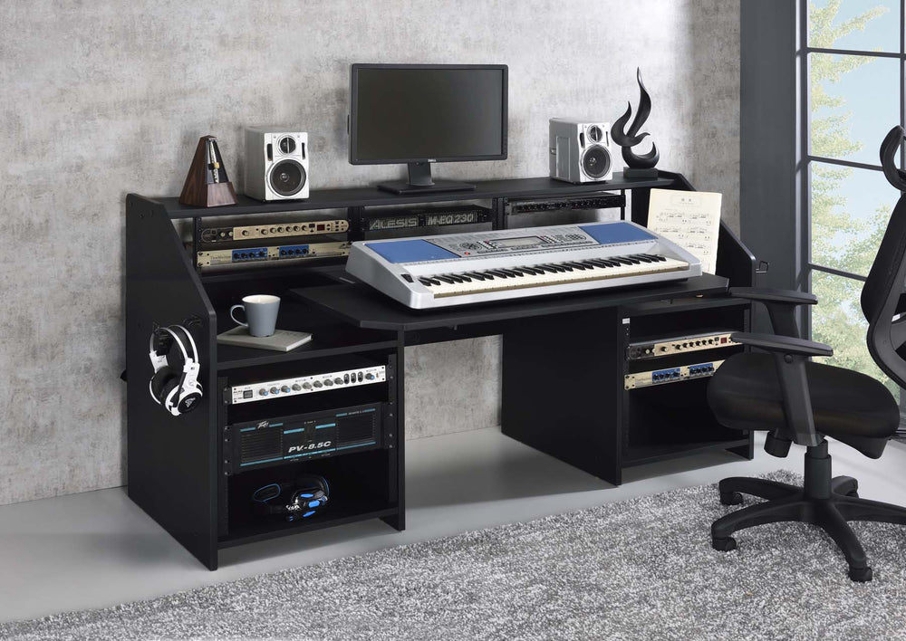 English Elm Rectangular Studio Music Desk with Pullout Tray, Headphone Hooks and Sturdy Pro Equipment Mounting Black B016P323364
