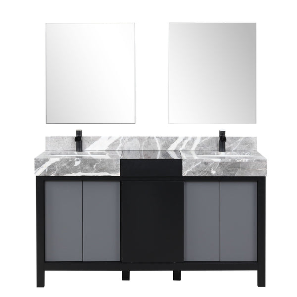English Elm Black Double Bath Vanity 60" With Castle Grey Marble Top, Matte Black Faucets & 28" Mirrors Included B2731S01155