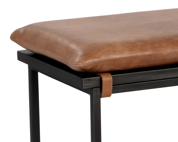 Sunpan Zancor Bench - Timeless Tan Leather Elegance with Gunmetal Steel Frame for Unique Home Style