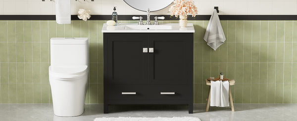 English Elm 36" Black Bathroom Vanity with Ceramic Sink, Soft-Close Doors, Divided Drawer & Double Shelves — Modern Storage Solution for Small to Medium Baths N729P276609B
