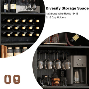 English Elm 71"Farmhouse Arched Wine Bar Cabinet with 15 Bottle Racks, 16 Glass Holders, Anti-Tip Safety for Living/Dining Black+Natural W2977P338242