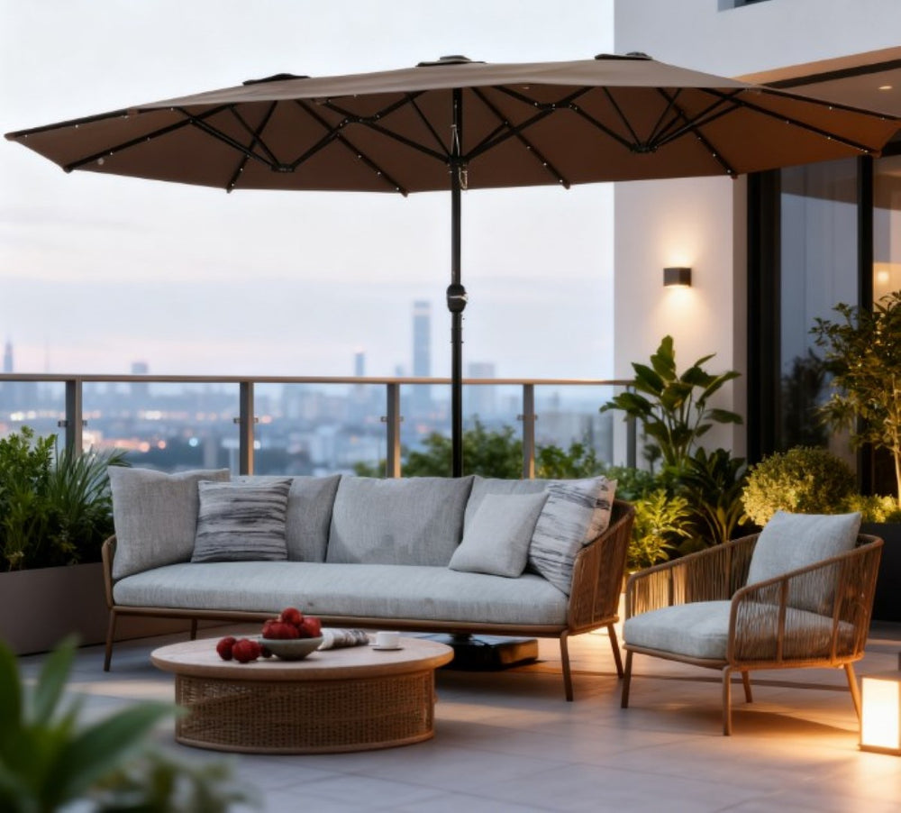 English Elm Double-sided Patio Umbrella with 36 Solar Led Lights Steel Frame Vented Canopy T3971P426126