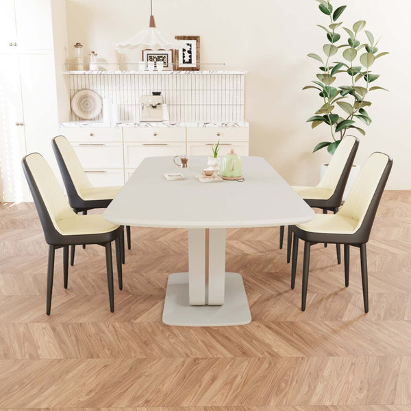 English Elm 62.99-78.74" Extendable Dining Set with 4 Pu Leather Chairs Seats up to Eight Beige+Grey,Black W2189S00859