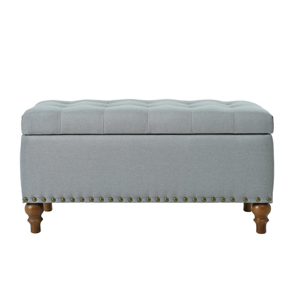 English Elm Ottoman - Grey Linen Storage Bench with Child-Safe Hinge, High-Density Foam Comfort, Riveted Wood Legs W2941P239182