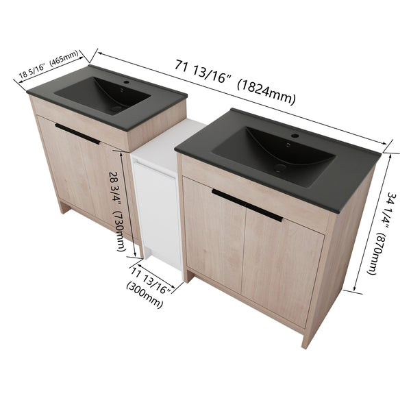 English Elm 72 Inch Freestanding Bathroom Vanity Set With Black Ceramic Sinks, Soft-Close Doors & Storage Solutions W999S00319
